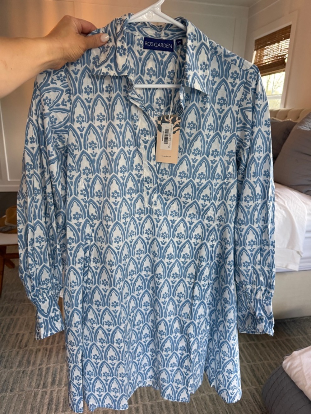 Ros Garden Blue Patterned Button-Down Women's Tunic Dress